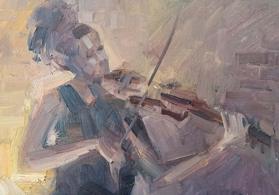 Painting of Harriett playing her violin.